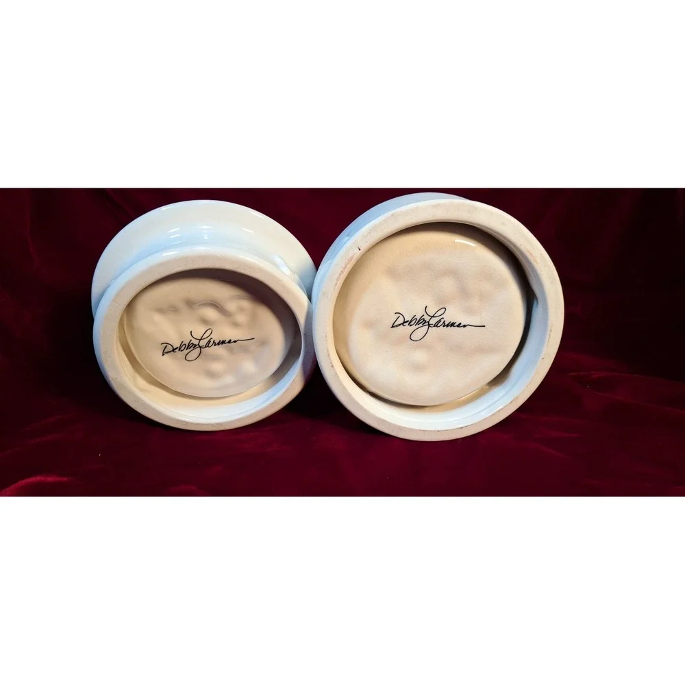 Debby Carman White Ceramic Pet Bowl Set Bow Wow Embossed Bone Design 2pc Signed